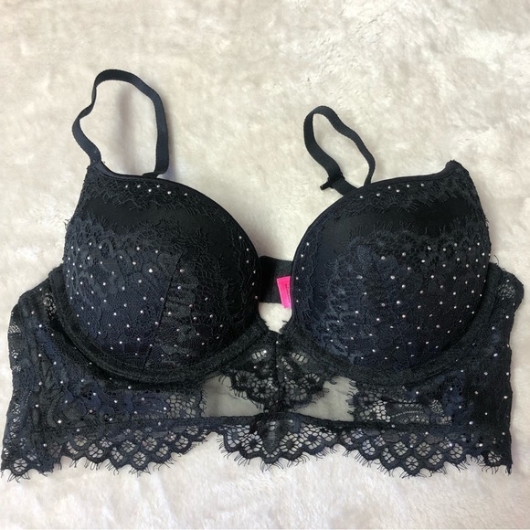 💕2/$35 💕 La Senza Beyond Sexy Classic Plunge Black with Rhinestones Bra 32C - Picture 4 of 7